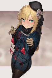 Rule 34 | 1girl, absurdres, aqua eyes, beret, bikini, black hat, blonde hair, blue jacket, blush, breasts, brown gloves, closed mouth, clothes hanger, fate (series), flower, gloves, hat, highres, jacket, licking lips, long hair, long sleeves, looking at viewer, lord el-melloi ii case files, micro bikini, pantyhose, pyz (cath x tech), red bikini, reines el-melloi archisorte, rose, small breasts, smile, solo, swimsuit, thighs, tilted headwear, tongue, tongue out, white flower, white rose