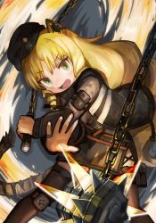 Rule 34 | 1girl, animal ears, arknights, beret, black hat, black jacket, black skirt, black thighhighs, blonde hair, boots, buchi0122, commentary, drill hair, earpiece, fang, feet out of frame, flail, green eyes, hat, highres, holding, holding weapon, jacket, jewelry, knee boots, long hair, looking at viewer, open clothes, open jacket, open mouth, pinky ring, pouch, ring, skirt, solo, swire (arknights), tail, thigh pouch, thighhighs, tiger ears, tiger girl, tiger tail, very long hair, weapon