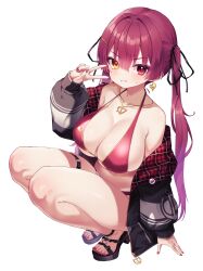 Rule 34 | 1girl, absurdres, bare legs, bikini, black jacket, breasts, cleavage, dot nose, full body, grin, gyoza (pixiv17855879), hair ribbon, halterneck, heterochromia, highres, hololive, houshou marine, jacket, jewelry, large breasts, leg belt, legs together, long hair, looking at viewer, nail polish, necklace, off shoulder, red bikini, red eyes, red hair, red nails, ribbon, simple background, smile, solo, squatting, sweatdrop, swimsuit, tareme, toeless footwear, toenail polish, toenails, twintails, v, v-shaped eyebrows, virtual youtuber, white background, yellow eyes