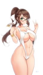 Rule 34 | 1girl, black-framed eyewear, blush, bow, bracelet, breasts, brown hair, casual one-piece swimsuit, center opening, cleavage, closed eyes, closed mouth, clothes writing, collarbone, commentary request, constantia s2, cowboy shot, curvy, glasses, green eyes, groin, hair bow, hair ribbon, hand on own shoulder, harry (dudwofla), heart, highleg, highleg swimsuit, highres, jewelry, korean commentary, large breasts, last origin, long hair, looking at viewer, navel, one-piece swimsuit, ribbon, sidelocks, signature, simple background, smile, solo, standing, stomach, swept bangs, swimsuit, v, very long hair, white background, white bow, white one-piece swimsuit, wide hips