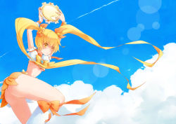 Rule 34 | 10s, 1girl, aji nashi (dress), arms up, ass, bad id, bad pixiv id, blonde hair, bow, cloud, cure sunshine, day, hair ribbon, heart, heartcatch precure!, instrument, long hair, magical girl, midriff, myoudouin itsuki, navel, orange bow, precure, ribbon, skirt, sky, solo, tambourine, twintails, yellow bow, yellow eyes