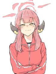 Rule 34 | 1girl, aru (blue archive), blue archive, blush, breasts, closed mouth, crossed arms, halo, highres, horns, jacket, long hair, long sleeves, looking at viewer, medium breasts, nekomimi sukinosuke, pink hair, red jacket, shirt, simple background, smile, solo, track jacket, upper body, white background, white shirt, yellow eyes