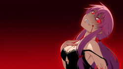 Rule 34 | 1girl, blood, breasts, cleavage, gasai yuno, gradient background, hayashi custom, highres, long hair, looking at viewer, mirai nikki, parted lips, pink hair, red eyes, smile, solo, underwear, upper body