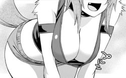 Rule 34 | 10s, 1girl, animal ears, bent over, blush, breasts, claws, cleavage, collar, dog ears, dog girl, dog tail, downblouse, furry, furry female, greyscale, hanging breasts, large breasts, limited palette, lineart, monochrome, monster girl, monster musume no iru nichijou, no bra, okayado, open mouth, polt, screencap, simple background, solo, spot color, tail, thick thighs, thighs, white background, wide hips