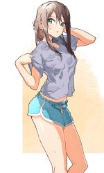 Rule 34 | 1girl, :o, arm behind head, bare legs, black hair, bloom into me15, breasts, dolphin shorts, dutch angle, ear piercing, foot out of frame, green eyes, highres, idolmaster, idolmaster cinderella girls, looking at viewer, medium breasts, midriff, midriff peek, piercing, shibuya rin, shirt, short sleeves, shorts, simple background, sketch, solo, sweatdrop, thighs, wet, wet clothes, wet shirt