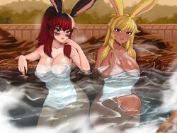 2girls absurdres animal_ears armpits black_hair blonde_hair blue_eyes blush breasts cleavage closed_mouth commission dark-skinned_female dark_skin eyebrows_hidden_by_hair final_fantasy final_fantasy_xiv green_eyes hair_between_eyes heterochromia highres huge_breasts in_water large_breasts lipstick looking_at_viewer makeup multicolored_hair multiple_girls onsen open_mouth purple_eyes rabbit_ears red_hair saiko_(saikoart) smile teeth towel two-tone_hair upper_teeth_only viera warrior_of_light_(ff14)