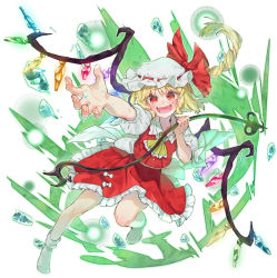 Rule 34 | 1girl, ascot, blonde hair, collared shirt, crystal, flandre scarlet, frilled skirt, frills, full body, hat, laevatein (touhou), long hair, mob cap, puffy short sleeves, puffy sleeves, red eyes, red skirt, red vest, shirt, short sleeves, side ponytail, simple background, skirt, socks, solo, syuri22, touhou, vest, white background, white hat, white shirt, white socks, wings, yellow ascot