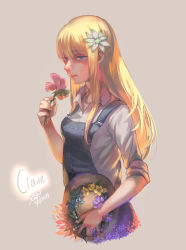 Rule 34 | 10s, 1girl, 2015, beige background, blonde hair, blue eyes, bokujou monogatari, buckle, character name, christon-clivef, claire (bokujou monogatari), closed mouth, dated, flower, hair flower, hair ornament, harvest moon, hat, hat flower, highres, holding, holding clothes, holding flower, holding hat, long hair, long sleeves, overalls, shirt, simple background, sleeves rolled up, smile, solo, stitches, unworn hat, unworn headwear, upper body, white shirt