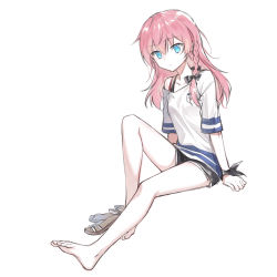 Rule 34 | 1girl, black shorts, blue eyes, bow, bra strap, braid, closers, collarbone, dolphin shorts, feet, full body, hair bow, highres, knee up, long hair, looking at viewer, nanaya (nnytwr), off shoulder, parted lips, pink hair, sandals, unworn sandals, seulbi lee, shirt, short shorts, short sleeves, shorts, simple background, sitting, sketch, solo, thighs, white background, white shirt