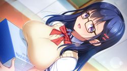 Rule 34 | 1girl, black-framed eyewear, blue hair, blurry, blurry background, blush, breast rest, breasts, collared shirt, dutch angle, female focus, game cg, glasses, hair ornament, hairclip, hands up, happy, holding, indoors, large breasts, light blush, long hair, looking at viewer, mama x kano, open mouth, original, pink eyes, ribbon, ryuuki yumi, school uniform, shirt, smile, solo, standing, takatsuki yuuna, upper body