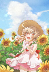 Rule 34 | 1girl, ahoge, alternate costume, bag, bare shoulders, blonde hair, blue sky, child, cloud, dress, field, flower, flower field, frilled dress, frills, genshin impact, hat, highres, holding, holding flower, hotoritan, klee (genshin impact), looking up, low twintails, medium hair, open mouth, orange eyes, outdoors, pointy ears, red bag, sidelocks, sky, sleeveless, sleeveless dress, straw hat, sunflower, sunflower field, twintails, two-tone dress
