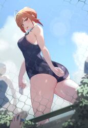 Rule 34 | 1girl, absurdres, ahoge, ass, blue one-piece swimsuit, blue sky, blush, breasts, chain-link fence, cloud, fence, highres, hololive, hololive dev is, ichijou ririka, inuinuo gataken, large breasts, long hair, looking at viewer, one-piece swimsuit, orange eyes, orange hair, sideboob, sky, solo, swimsuit, tongue, tongue out, virtual youtuber