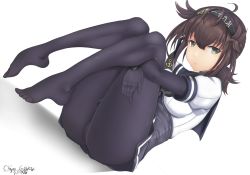 Rule 34 | 10s, 1girl, ahoge, anchor symbol, ass, black gloves, black pantyhose, black skirt, breasts, brown hair, chiyo goya, closed mouth, corset, crotch seam, dated, dutch angle, feet, full body, gloves, grey eyes, hair between eyes, hairband, hatsuzuki (kancolle), highres, hugging own legs, kantai collection, light frown, looking at viewer, miniskirt, no shoes, panties, pantyhose, pleated skirt, pointy hair, ponytail, shadow, short sleeves, signature, sitting, skirt, solo, toes, underwear, white background