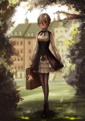 Rule 34 | 1girl, absurdres, ange (princess principal), bad id, bad pixiv id, black footwear, black pantyhose, blue eyes, blurry, boots, breasts, brown hair, building, closed mouth, corset, day, depth of field, hair between eyes, highres, holding, leaf, maple leaf, medium breasts, neck ribbon, outdoors, pantyhose, princess principal, ribbon, school uniform, shirt, skirt, solo, standing, suitcase, white shirt, white skirt, yurichtofen