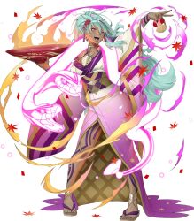 1girl alcohol attack black_nails body_markings cup dark-skinned_female dark_skin fang fire fire_emblem fire_emblem_heroes food fruit green_hair hair_ornament hair_stick highres holding holding_cup holding_food holding_fruit japanese_clothes kimono long_hair messy_hair multiple_heads nail_polish nidhoggr_(fire_emblem) nidhoggr_(fire_emblem)_(new_year) nintendo non-web_source official_alternate_costume official_art open_mouth ponytail purple_kimono sakazuki sake sandals smile snake solo toenail_polish toenails tongue tongue_out very_long_hair