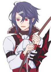 Rule 34 | 1boy, alcryst (fire emblem), ascot, bow (weapon), fire emblem, fire emblem engage, hair between eyes, holding, holding bow (weapon), holding weapon, long sleeves, looking to the side, male focus, nintendo, purple hair, red eyes, rice (rlce229), short hair, solo, sweatdrop, upper body, wavy mouth, weapon, white ascot, white background