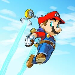 Rule 34 | 1boy, artist request, belt, blue eyes, brown hair, day, f.l.u.d.d., facial hair, flying, gloves, grin, hat, highres, male focus, mario, mario (series), mustache, nintendo, overalls, smile, source request, super mario sunshine, water