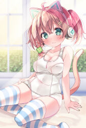 Rule 34 | 1girl, ahoge, amahane yotsuha, animal ear headphones, animal ears, bare arms, bare shoulders, blurry, blurry background, blush, braid, breasts, cleavage, closed mouth, collarbone, commentary request, commission, covered navel, covered nipples, depth of field, fake animal ears, green eyes, hair between eyes, hair ornament, hairclip, headphones, highres, medium breasts, neko pan, no shoes, old school swimsuit, one-piece swimsuit, red hair, school swimsuit, single braid, skeb commission, solo, striped, striped thighhighs, swimsuit, tail, thighhighs, twintails, vgaming, virtual youtuber, white one-piece swimsuit