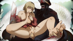 Rule 34 | 1boy, 1girl, arm blade, barefoot, black coat, black shirt, blonde hair, breasts, censored, chainsaw man, clothed sex, coat, cum, cum in pussy, feet, hat, hetero, katana man (chainsaw man), legs, long coat, medium breasts, military hat, mosaic censoring, multicolored hair, open mouth, orphen (pink seito), penis, pussy, roots (hair), sawatari akane (chainsaw man), self toe sucking, sex, shirt, short hair, soles, spread toes, toe sucking, toes, vaginal, weapon