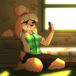 Rule 34 | 1girl, :3, animal crossing, animal ears, animal feet, animal hands, animal nose, artist name, barefoot, bed, black skirt, blonde hair, body fur, breasts, buttons, cellphone, conch, day, dog ears, dog girl, dog tail, drawer, female focus, freeedon, full body, furry, furry female, green eyes, green vest, grin, hair tie, half-closed eyes, hand on own chest, hands up, happy, highres, holding, holding phone, indoors, isabelle (animal crossing), kneeling, looking at viewer, medium breasts, miniskirt, neck ribbon, nintendo, parted bangs, paw print, paw print pattern, pawpads, phone, plaid, plaid vest, pleated skirt, pocket, red ribbon, ribbon, seashell, shell, shirt, short hair, short sleeves, sitting, skirt, smartphone, smile, snout, solo, sunlight, tail, teeth, topknot, two-tone fur, vest, watermark, white fur, white shirt, window, yellow fur