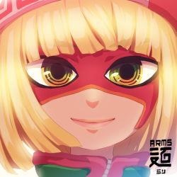 Rule 34 | 1girl, arms (game), beanie, blonde hair, chinese clothes, green eyes, hat, looking at viewer, mask, min min (arms), portrait, short hair, smile, solo