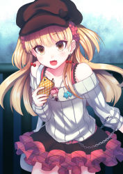 Rule 34 | 10s, 1girl, :d, blonde hair, brown eyes, cabbie hat, cellphone charm, chain, character charm, character doll, charm (object), chibi, collarbone, earrings, fang, food-themed earrings, hat, hat ornament, heart, idolmaster, idolmaster cinderella girls, jewelry, jougasaki mika, jougasaki rika, kamanatsu, charm (object), long hair, off-shoulder, off-shoulder sweater, off shoulder, open mouth, plaid, plaid skirt, ribbed sweater, scrunchie, skirt, smile, solo, star (symbol), sweater, two side up