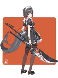 Rule 34 | 1girl, black dress, black footwear, black hair, breasts, brown pantyhose, chenmu sora, closed mouth, dress, ellen joe, fins, fish tail, full body, guan dao, hair ornament, hairclip, high heels, highres, holding, holding polearm, holding weapon, looking at viewer, looking to the side, maid headdress, medium breasts, multicolored hair, pantyhose, polearm, red background, red eyes, red hair, shark tail, shoes, short hair, solo, standing, tail, two-tone background, two-tone hair, weapon, white background, wrist cuffs, x hair ornament, zenless zone zero
