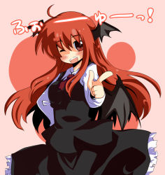 Rule 34 | 1girl, ;d, bat wings, blush, demon wings, dress shirt, embodiment of scarlet devil, female focus, frills, gin (shioyude), hand on own hip, head wings, koakuma, long hair, long sleeves, necktie, one eye closed, open mouth, pointing, red eyes, red hair, red necktie, ringed eyes, shirt, skirt, skirt set, smile, solo, touhou, very long hair, vest, wings, wink