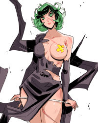 Rule 34 | 1girl, alternate breast size, alternate height, bare shoulders, black dress, breasts, breasts apart, covered navel, cowboy shot, davecavedraws, dress, flipped hair, floating, green eyes, green hair, highres, large breasts, looking at viewer, one-punch man, pasties, scar, scar on face, short hair, simple background, solo, tatsumaki, white background