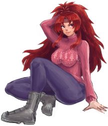 Rule 34 | 1girl, boots, breasts, christmas, contemporary, denim, headband, jeans, large breasts, long hair, pants, pltrgst, purple eyes, queen&#039;s blade, red hair, ribbed sweater, risty (queen&#039;s blade), risty (queen's blade), sitting, smile, solo, sweater, turtleneck, wilderness bandit risty