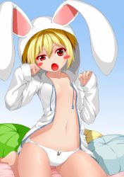 Rule 34 | 1girl, animal hood, animal print, ayase tamaki, bad id, bad pixiv id, bare legs, blonde hair, blush stickers, clenched hand, clenched hands, gradient background, highres, hood, hoodie, open clothes, open hoodie, open mouth, original, panties, pillow, print panties, rabbit hood, rabbit print, red eyes, short hair, simple background, sitting, solo, tears, underwear, wariza, white panties