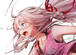 Rule 34 | 1girl, ahoge, alternate costume, bare shoulders, blue eyes, braid, breasts, clothes writing, cluseller, collarbone, commission, cropped, english text, female focus, hair between eyes, hair ornament, hair ribbon, ia (vocaloid), long hair, open mouth, pink hair, pink shirt, ponytail, red ribbon, ribbon, shiny skin, shirt, sleeveless, sleeveless shirt, small breasts, solo, sports bra, sweat, teeth, tongue, twin braids, v-shaped eyebrows, vocaloid, white background