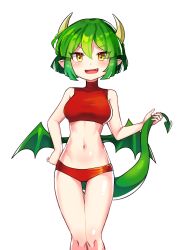 Rule 34 | 1girl, absurdres, bikini, blush, breasts, covered collarbone, draco centauros, dragon girl, dragon horns, dragon tail, dragon wings, fang, green hair, highres, horns, looking at viewer, medium breasts, navel, offbeat, open mouth, pointy ears, puyopuyo, red bikini, short hair, simple background, smile, smug, solo, swimsuit, tail, white background, wings, yellow eyes