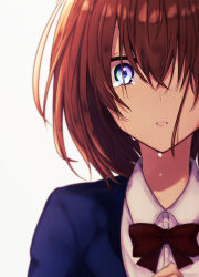 Rule 34 | 1girl, absurdres, blazer, blue eyes, blue jacket, bow, bowtie, brown hair, collared shirt, crying, crying with eyes open, hair between eyes, hand on own chest, hand up, highres, jacket, looking at viewer, original, parted lips, red bow, red bowtie, school uniform, shigure tsuki, shirt, short hair, simple background, solo, teardrop, tears, upper body, white background, white shirt, wing collar