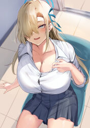 Rule 34 | 1girl, absurdres, asuna (blue archive), black skirt, blonde hair, blue archive, blue eyes, blue ribbon, blush, breasts, chair, cleavage, collared shirt, commentary request, from above, hair ornament, hair over one eye, hair ribbon, halo, heart, heart-shaped pupils, highres, large breasts, long hair, long sleeves, looking at viewer, looking up, mole, mole on breast, namazu (yamasonson), one eye covered, open mouth, pleated skirt, ribbon, shirt, sitting, skirt, smile, solo, symbol-shaped pupils, white shirt