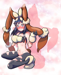 Rule 34 | 1girl, absurdres, animal ears, black pantyhose, blue eyes, blue hair, blush, collarbone, cosplay, covered collarbone, covering breasts, covering privates, creatures (company), dawn (pokemon), drop shadow, embarrassed, fake animal ears, fake tail, female focus, flat chest, full body, fumirumochigashin, game freak, gen 4 pokemon, groin, hand on own chest, hands up, highres, long hair, looking at viewer, lopunny, lopunny (cosplay), mega lopunny, mega lopunny (cosplay), mega pokemon, navel, nintendo, nose blush, pantyhose, paw shoes, pink background, pokemon, pokemon dppt, rabbit ears, revealing clothes, shiny clothes, shiny skin, shoes, sidelocks, skindentation, solo, squatting, stomach, sweat, tail, torn clothes, torn pantyhose, yellow footwear