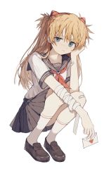 Rule 34 | 1girl, bandaged arm, bandages, bandaid, bandaid on arm, bandaid on knee, bandaid on leg, black sailor collar, blue eyes, brown footwear, brown skirt, closed mouth, commentary, deep (deep4946), full body, hand on own cheek, hand on own face, heart, highres, holding, holding letter, interface headset, kneehighs, letter, light blush, long hair, looking at viewer, love letter, neckerchief, neon genesis evangelion, orange hair, pleated skirt, red neckerchief, sailor collar, school uniform, serafuku, shirt, shoes, short sleeves, simple background, skirt, socks, solo, souryuu asuka langley, squatting, white background, white shirt, white socks