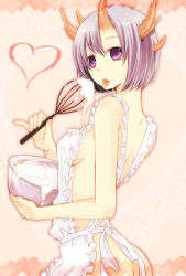 Rule 34 | 1girl, apron, ass, baroque (series), bowl, breasts, butt crack, frilled apron, frills, heart, holding, holding bowl, holding whisk, horned girl (baroque), horns, looking at viewer, multiple horns, naked apron, okameti, open mouth, pink background, purple eyes, purple hair, short hair, simple background, small breasts, solo, tongue, tongue out, whisk, white apron
