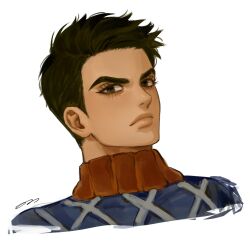 Rule 34 | 1boy, black eyes, black hair, blue shirt, closed mouth, guido mista, highres, jojo no kimyou na bouken, looking at viewer, male focus, on0n, portrait, shirt, short hair, simple background, solo, turtleneck, v-shaped eyebrows, vento aureo, white background