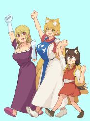 Rule 34 | 3girls, :3, :d, absurdres, animal ear fluff, animal ears, blonde hair, blue background, blush, breasts, bright pupils, brooch, brown eyes, brown footwear, brown hair, cat ears, chanta (ayatakaoisii), chen, cleavage, clenched hands, colored skin, dress, flat chest, fox ears, fox tail, gloves, hand up, highres, huge breasts, jewelry, large breasts, long dress, long hair, long sleeves, looking at viewer, multiple girls, multiple tails, open mouth, purple dress, red eyes, red skirt, red vest, shirt, shoes, short hair, simple background, skirt, slippers, slit pupils, smile, tabard, tail, touhou, vest, walking, white footwear, white gloves, white pupils, white shirt, white skin, yakumo ran, yakumo yukari, yellow eyes