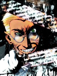 Rule 34 | 1boy, alexander anderson, close-up, glasses, green eyes, hellsing, male focus, non-web source, official art, scan, scar, smirk, solo, upper body, weapon