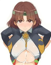 Rule 34 | 10s, 1girl, bad id, bad twitter id, blush, breasts, brown eyes, brown hair, chiyoda (kancolle), close-up, cum, cum on body, cum on breasts, cum on upper body, headband, highres, huge breasts, inactive account, kantai collection, kloah, looking at viewer, paizuri, paizuri under clothes, short hair, simple background, solo, white background