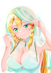 Rule 34 | 1girl, alternate costume, armpit peek, arms up, bare shoulders, blonde hair, braid, breasts, bridal veil, choker, cleavage, closed mouth, commentary request, double-parted bangs, dress, floral print, gem, green eyes, green gemstone, hair between eyes, highres, ken-ji, large breasts, leafa, light blush, long hair, looking at viewer, pink nails, see-through veil, signature, simple background, sleeveless, sleeveless dress, smile, solo, sword art online, twin braids, upper body, veil, vest, wedding dress, white background, white choker, white dress, white vest