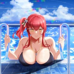 Rule 34 | 1girl, azur lane, bikini, black bikini, blue sky, breast rest, breasts, cloud, highres, huge filesize, italian flag, kuromame teruru, large breasts, looking at viewer, multi-strapped bikini, multiple straps, o-ring, o-ring bikini, official alternate costume, outdoors, pool ladder, poolside, red hair, side ponytail, sky, solo, swimsuit, water, wet, wet clothes, whistle, whistle around neck, yellow eyes, zara (azur lane), zara (poolside coincidence) (azur lane)