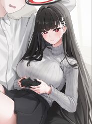 Rule 34 | 1boy, 1girl, black hair, black skirt, blue archive, blush, breasts, commentary, controller, game controller, halo, highres, holding, holding controller, holding game controller, kazawa ushi, large breasts, light smile, long hair, long sleeves, looking at viewer, red eyes, ribbed sweater, ringed eyes, rio (blue archive), sensei (blue archive), sitting, skirt, solo focus, straight hair, sweatdrop, sweater, sweater tucked in, symbol-only commentary, very long hair, white sweater