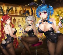 Rule 34 | 3girls, ahoge, alcohol, animal ears, ass, azur lane, bar (place), bare shoulders, black footwear, black leotard, black neckwear, blue hair, blush, bottle, bow, bowtie, breasts, brown legwear, champagne, cleavage, closed mouth, covered navel, detached collar, fake animal ears, finger to mouth, gijang, hair between eyes, holding, holding bottle, honolulu (azur lane), indoors, large breasts, leotard, looking at viewer, multicolored hair, multiple girls, open mouth, pantyhose, parted lips, pink eyes, playboy bunny, prinz eugen (azur lane), rabbit ears, rabbit tail, red eyes, red hair, shiny skin, sidelocks, signature, silver hair, sitting, skindentation, st. louis (azur lane), standing, strapless, strapless leotard, streaked hair, sweat, swept bangs, tail, tongue, tongue out, twintails, two side up, wrist cuffs, yellow eyes