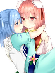 Rule 34 | 2girls, aqua dress, arms around neck, bandaged arm, bandages, blue eyes, blue hair, blush, breasts, bun cover, carrying, closed mouth, commentary request, dress, eye contact, flower, flower request, gold trim, hair between eyes, hair rings, highres, ibaraki kasen, kaku seiga, large breasts, looking at another, medium hair, multiple girls, onikoroshi, open clothes, open vest, pink flower, princess carry, profile, puffy short sleeves, puffy sleeves, red ribbon, ribbon, short sleeves, simple background, smile, tabard, touhou, upper body, vest, white background, white vest, yuri