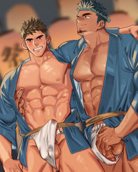 Rule 34 | 2boys, abs, arm around shoulder, bad id, bad pixiv id, bara, bare pectorals, blue kimono, blush, bulge, couple, covered erect nipples, covered testicles, dark-skinned male, dark skin, erection, erection under clothes, facial hair, feet out of frame, festival, fundoshi, fundoshi pull, goatee, hachimaki, hand under clothes, happi, headband, highres, interracial, japanese clothes, kimono, large pectorals, male focus, mature male, multiple boys, muscular, muscular male, navel, nipple stimulation, nipple tweak, nipples, original, pectoral cleavage, pectorals, penis, penis grab, penis peek, short hair, sideburns, smirk, stomach, testicle peek, thick eyebrows, thick thighs, thighs, uncensored, wet, wet clothes, wet fundoshi, yaoi, youchi123