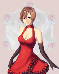 Rule 34 | 1girl, absurdres, bare shoulders, black gloves, breasts, brown hair, cleavage, collarbone, dress, elbow gloves, frills, gloves, hair between eyes, highres, medium breasts, meiko (vocaloid), red dress, red eyes, short hair, smile, solo, standing, vocaloid, yen-mi