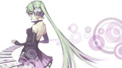 Rule 34 | 1girl, backless outfit, crimsonseed, elbow gloves, fingerless gloves, gloves, green eyes, green hair, hatsune miku, headphones, headset, highres, long hair, matching hair/eyes, skirt, solo, very long hair, vocaloid